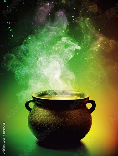 Irish pot of gold at the end of the rainbow, smoke with swirling background and sparkling particles, AI