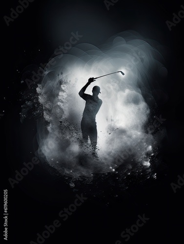 Golfer in smoke with swirling background and sparkling particles, AI