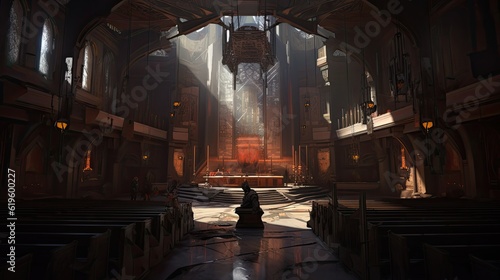 Steampunk church concept, interior with large alter, gothic building, AI