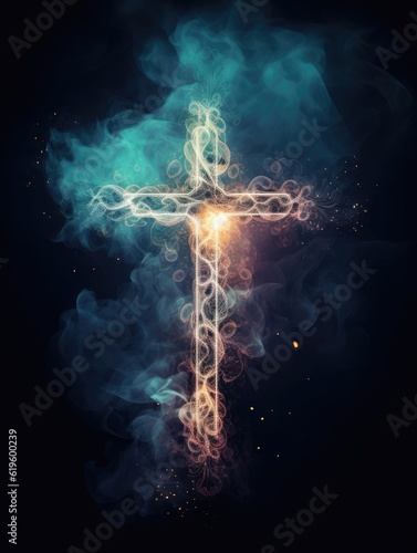 Cross in smoke with swirling background and sparkling particles, AI