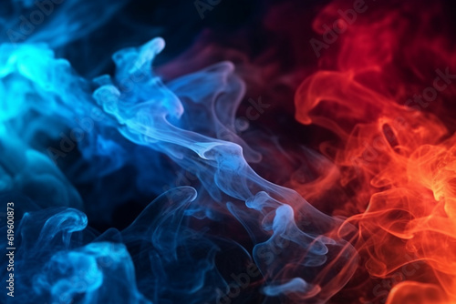 Intense red and blue fire illuminates the black background. Generative AI