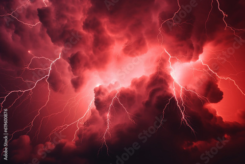 Intense red storm clouds electrified by dramatic bolts of lightning. Generative AI