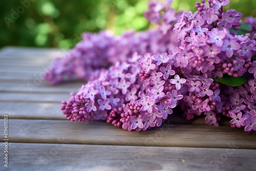 Lilac bouquet on wooden plank, a picturesque symbol of blooming spring. Generative AI
