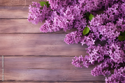 Lilac Flowers Bouquet on Wooden Plank Background  Spring Purple Blooming Bunch  Branch over Wood Texture Generative AI