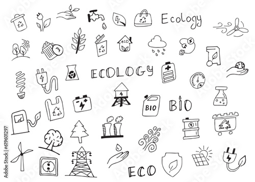ecology. nature. protection of nature. trees. water. petrol. pack. biodegradable items. preserve nature. environment protection. EPS 10. on a white background. black color. lines. doodle. actual. curr