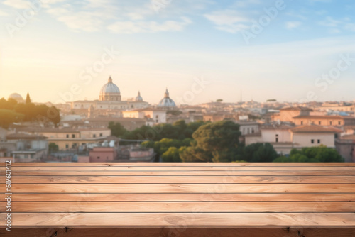 The empty wooden table top with blur background of Rome. Exuberant image.for mounting your product. digital art. High quality photo © Starmarpro