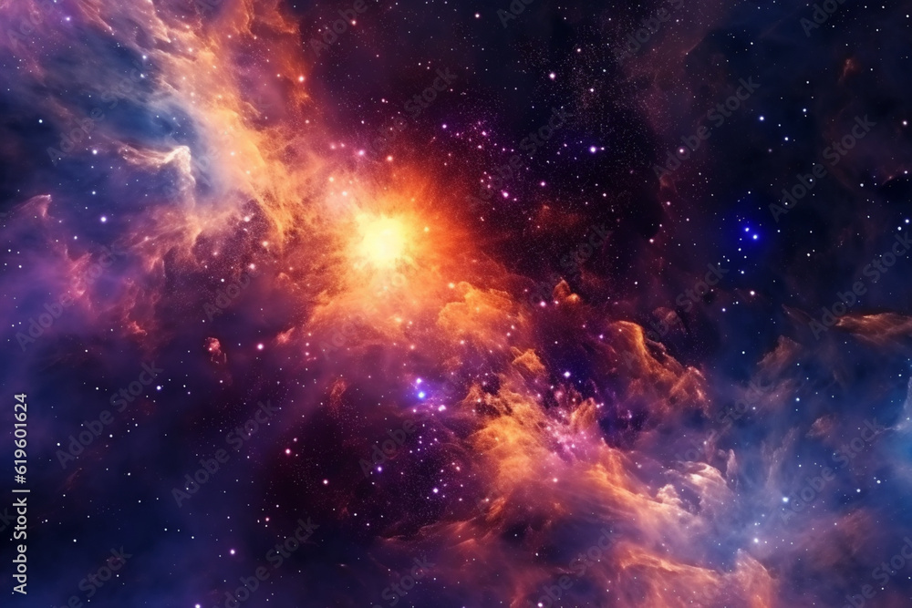 Nebulae, galaxies, and stars create an abstract celestial night sky. Generative AI