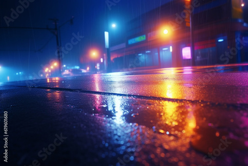 Neon-lit urban setting with searchlight beam, smoky abstract ambiance on wet asphalt. Generative AI