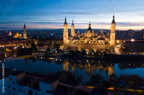 Night cityscape of Spanish city Zaragoza (Saragossa) with Cathedral Basilica © JackF