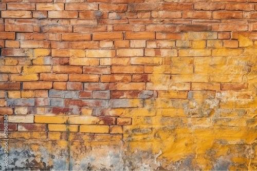 Old and weathered yellow and red brick wall  seamless pattern backdrop. Generative AI