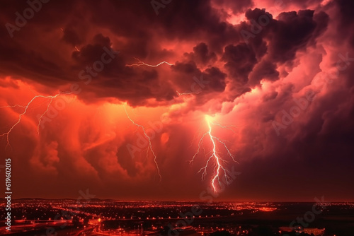Ominous red sky illuminated by fierce lightning strikes. Generative AI