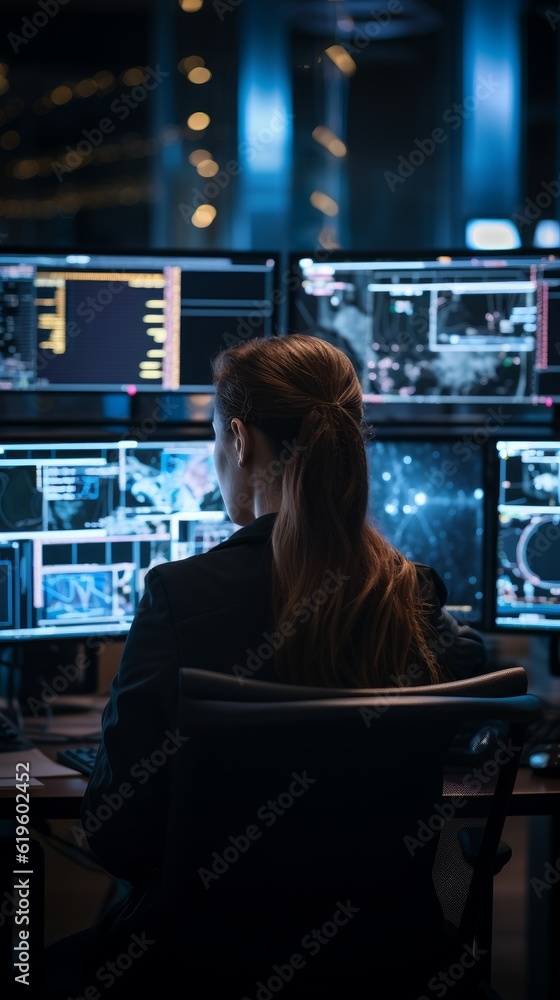 A woman works on several computer screens. Generative AI A woman works on several computer screens. Generative AI