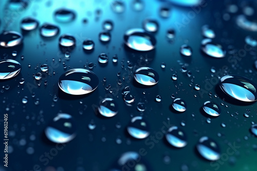 Reflective water droplets on a deep blue background with gradation and highlights. Generative AI