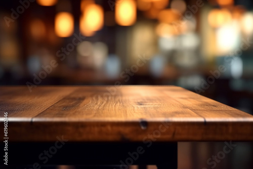 Restaurant ambiance blurs behind a wooden table's top surface. Generative AI
