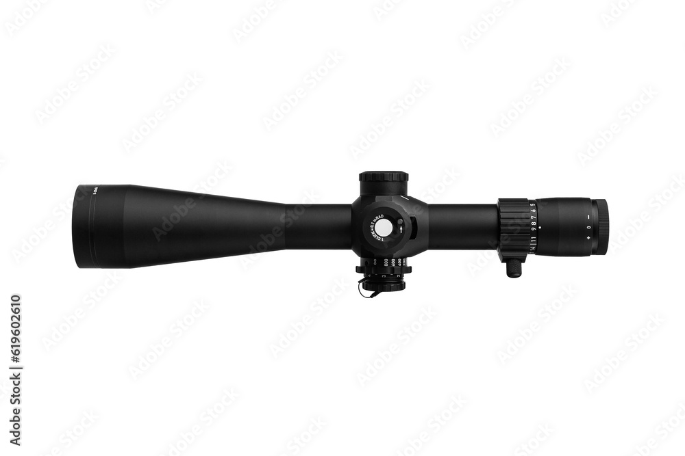 Modern sniper scope on a white back. Optical device for aiming and shooting at long distances. Modern sniper scope on a white back. Optical device for aiming and shooting at long distances.
