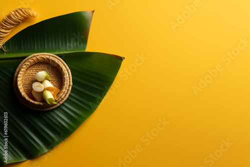 Happy Onam. Holiday for South India festival. for greeting card, banner, poster, title, emblem, label, tag. ancient Hindu festival of Kerala. Malayalis Harvest Sadya, Thiruvathira Kali. Generative AI photo