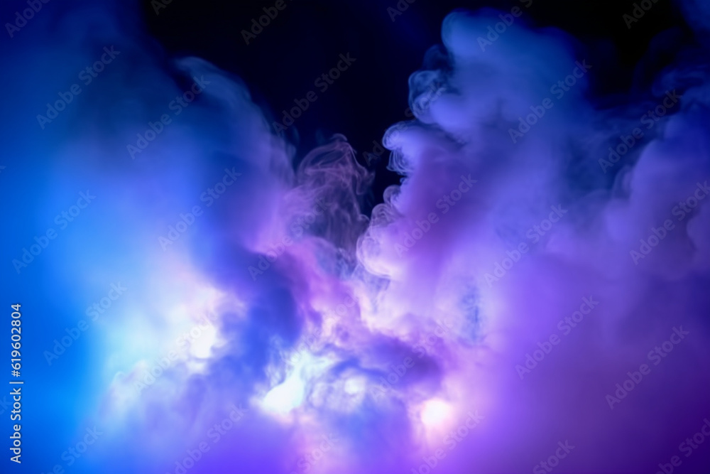 Serene darkness enveloped by purple and blue searchlights amidst smoke. Generative AI
