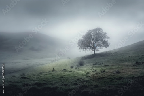 Solitary fog creates a captivating contrast against black. Generative AI