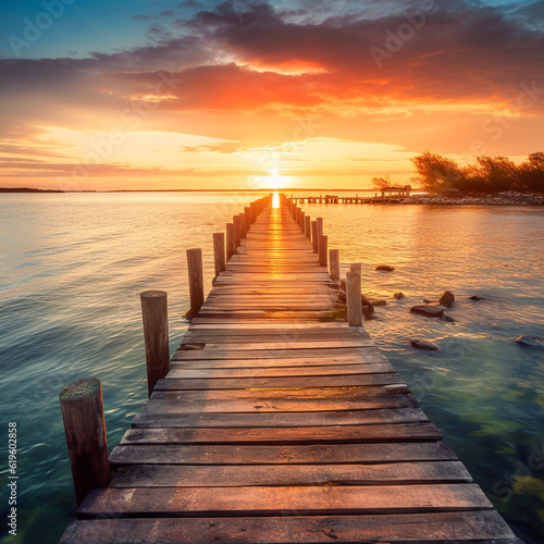 A long wooden jetty over water with a vibrant sunset. Tranquil beach image with no people. Holiday or vacation travel image.