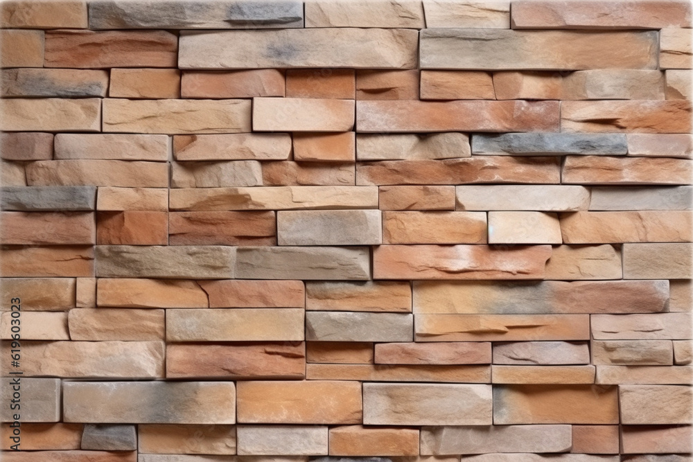 Fototapeta premium Textured stone wall brick background adorned with a seamless sandstone facade pattern. Generative AI