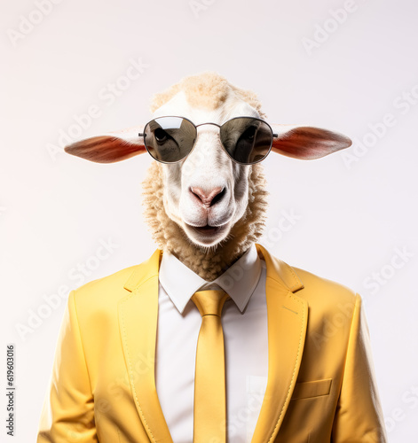 Sheep with sunglasses in a suit on a white background in the style of album covers.