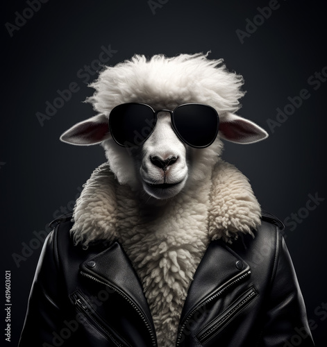 Sheep wearing sunglasses and a black leather jacket.