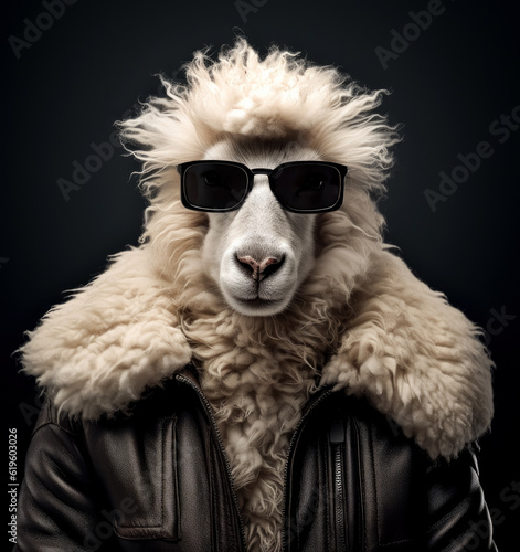 Sheep wearing sunglasses and a black leather jacket. © Saulo Collado