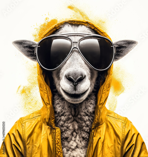 sheep in sunglasses wearing a yellow coat on a white background, in the style of album covers.