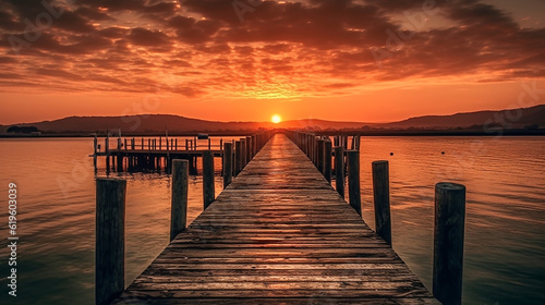 A long wooden jetty over water with a vibrant sunset. Tranquil beach image with no people. Holiday or vacation travel image. © Caseyjadew