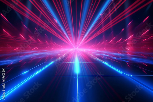 Vibrant blue and red rays create an electrifying disco atmosphere. Generative AI