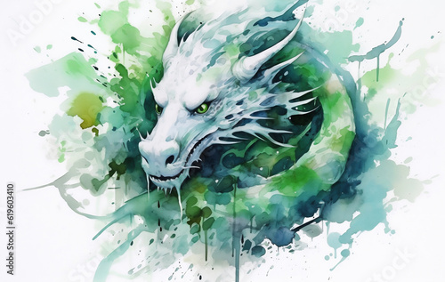 Green Dragon. Watercolor illustration on white background. Symbol of the year 2024. Beautiful composition for calendar and postcard design. 