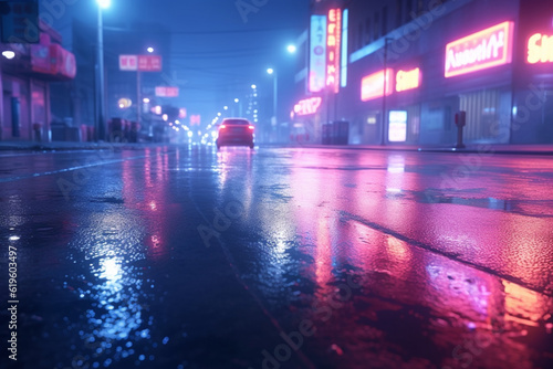 Wet street shrouded in neon reflections, searchlight beams, and smoky haze. Generative AI