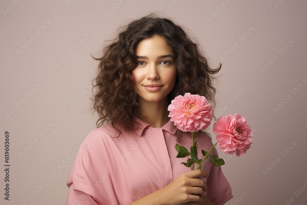 Studio portrait of a woman in pink clothes holding fresh flowers. High quality photo