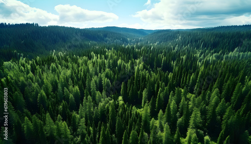 Aerial View of a Green Boreal Forest with Blue Skies and Clouds Background Design Generative AI