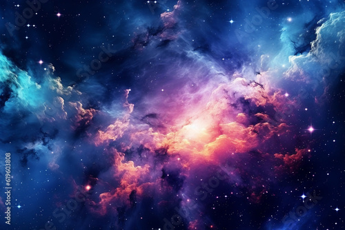 Abstract cosmic backdrop showcasing a universe filled with stars  nebulae  and galaxies. Generative AI