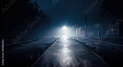 Midnight on a wet, hazy asphalt road with metal fences. crime, horror, danger, criminal activity concept