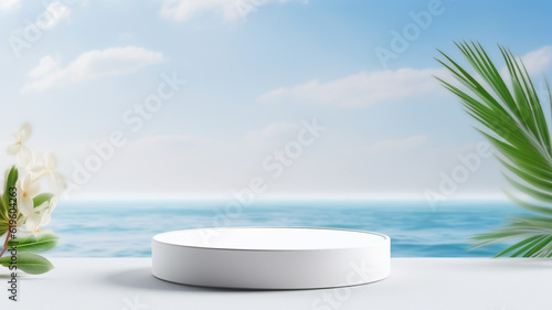 Empty white podium stand on abstract pure water background with natural beauty nature product display platform or blank mockup clean spa pedestal and minimal cosmetic liquid 3d backdrop modern