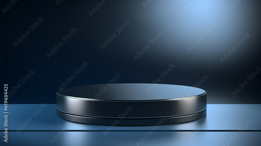 Navy blue product display stand or podium pedestal on advertising background with blank backdrops. 3D rendering. Navy blue product display stand or podium pedestal on advertising background with blank backdrops. 3D rendering.