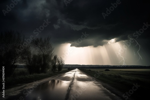 driving on the road, Photographic Exploration of an Asphalt Street in Bad Weather, Rainy Storm Flashing Amidst a Dark Landscape, Leading to a Far Destination of a Beautiful Scene, Lightning