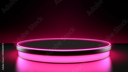 Neon pink product stage background or podium pedestal with glowing light blank display platform. 3D rendering