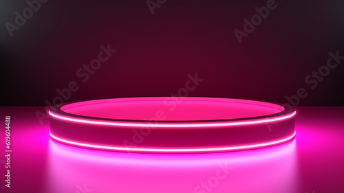Neon pink product stage background or podium pedestal with glowing light blank display platform. 3D rendering