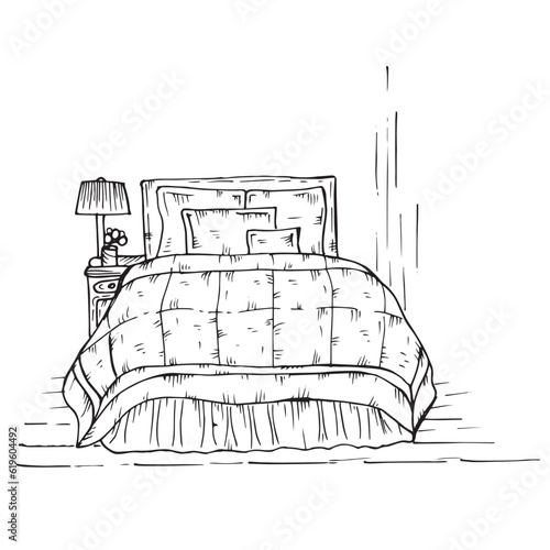 doodle in black outline bed with pillows bedside table