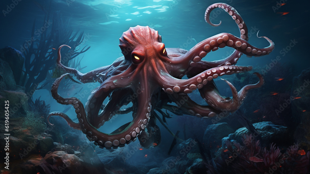 Red octopus swimming in ocean with large tentacles Red octopus swimming in ocean with large tentacles