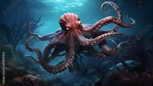 Red octopus swimming in ocean with large tentacles