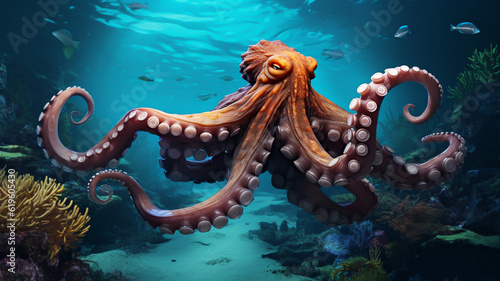 Red octopus swimming in ocean with large tentacles © Artofinnovation