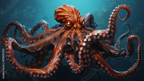Red octopus swimming in ocean with large tentacles