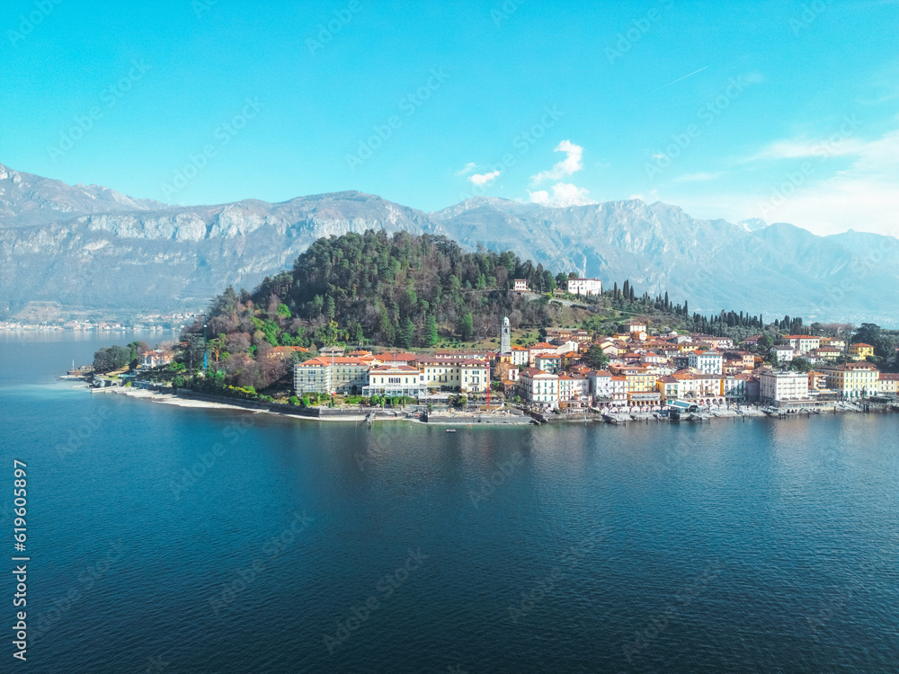 Aerial view with drone of Bellagio City on Como Lake in Italy 