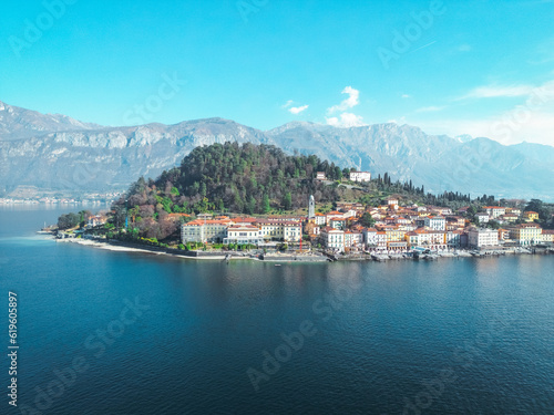 Aerial view with drone of Bellagio City on Como Lake in Italy 