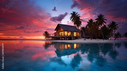 Luxury hotel in Maldives, ocean cabins, tropical island paradise