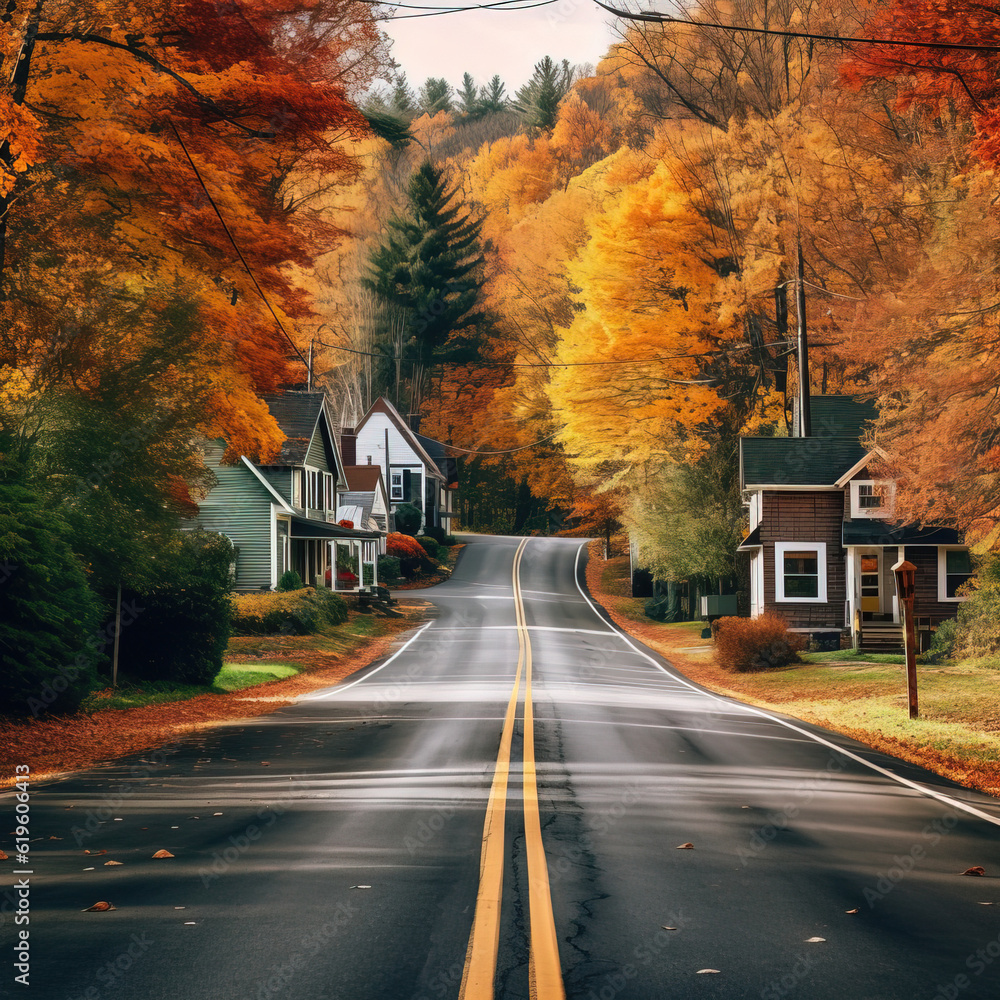 View of the forest road in autumn. European village in the Alps. Picturesque autumn road trips showcasing scenic. AI Generated View of the forest road in autumn. European village in the Alps. Picturesque autumn road trips showcasing scenic. AI Generated